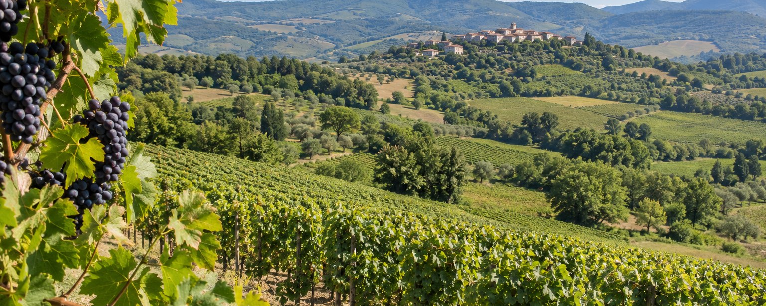 Illustration : des grappes de raisin noir au premier plan, devant un vignoble en pente, des oliveraies et un village perché sur une colline.