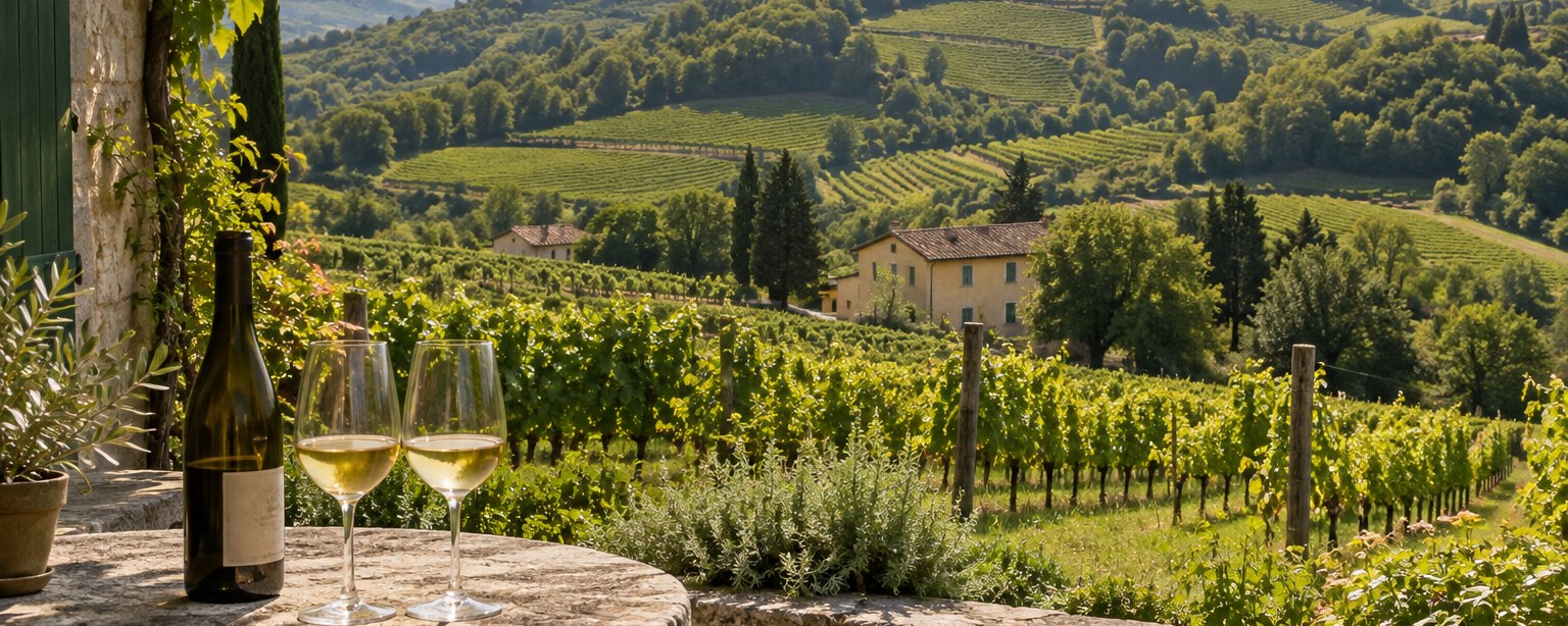 Illustration : une bouteille de vin blanc et deux verres sur une table de pierre, sous une treille, devant des coteaux plantés de vignes et une maison de campagne.