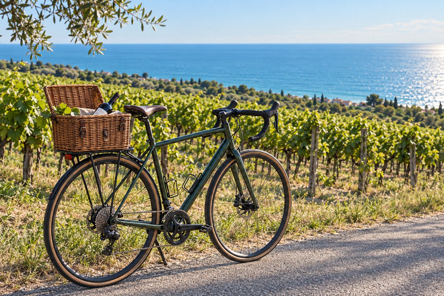 Illustration : un vélo de route, panier d'osier garni d'une bouteille de vin et d'une grappe de raisin, posé sur un chemin au milieu d'un vignoble qui descend vers la mer, sous une branche d'olivier.