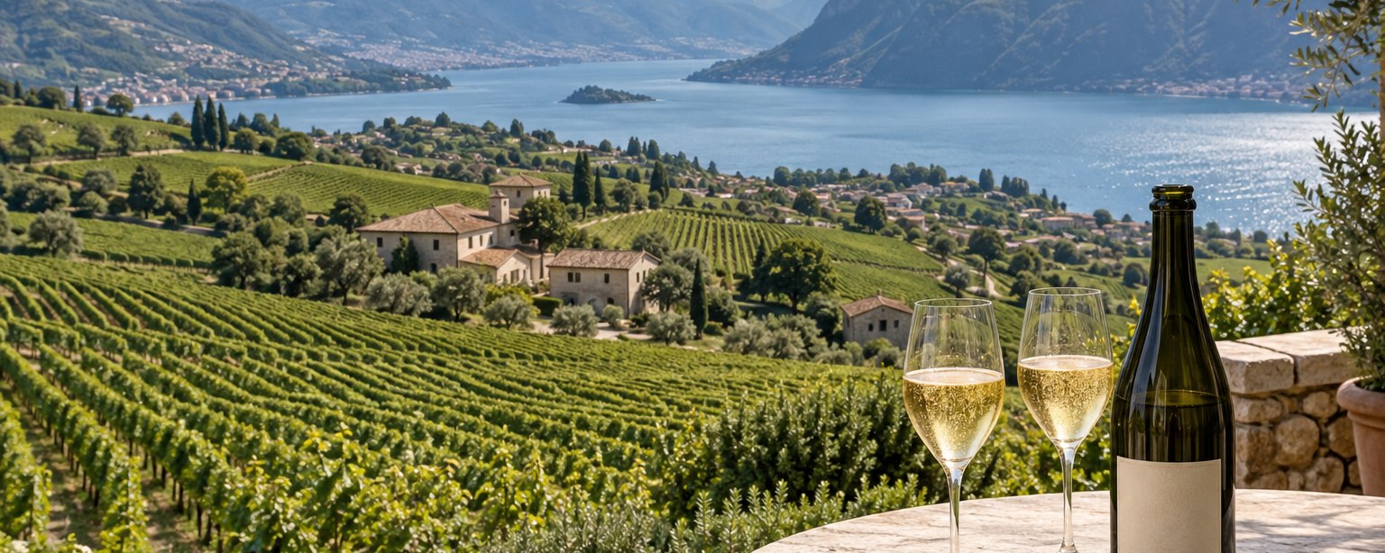 Illustration : une bouteille de vin effervescent et deux flûtes sur une table de pierre, devant un vignoble en pente, un lac de montagne et son île.