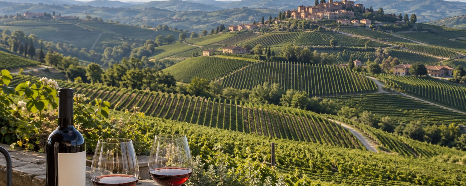 Illustration : une bouteille et deux verres de vin rouge posés sur une table de pierre, devant les collines plantées de vignes du Piémont et un village perché.