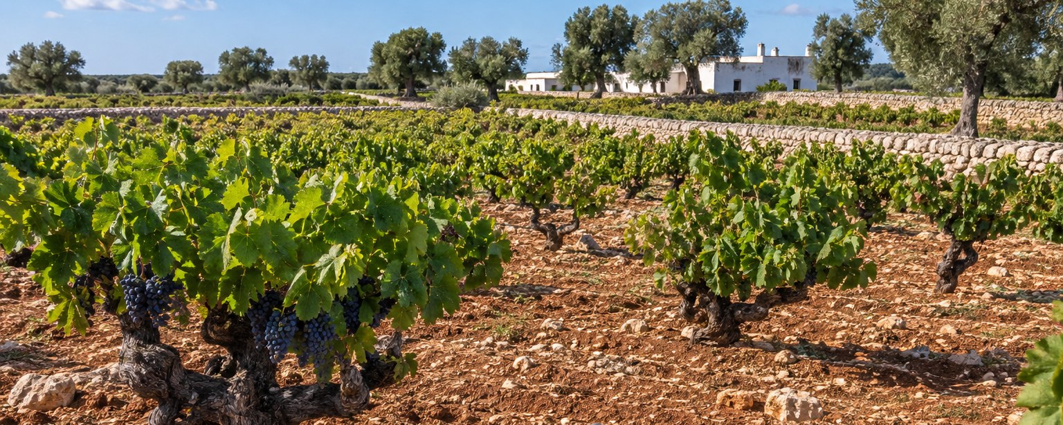 Illustration : de vieilles vignes taillées en gobelet et chargées de raisin noir, sur une terre rouge et caillouteuse, avec un mur de pierres sèches, des oliviers et une ferme blanchie à la chaux.