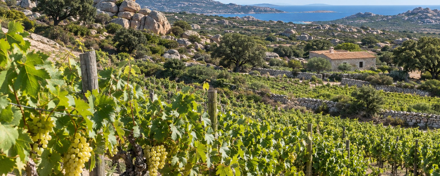Illustration : des grappes de raisin blanc au premier plan, devant un vignoble bordé de murets de pierres sèches, des rochers de granit, une maison de pierre et la mer à l'horizon.