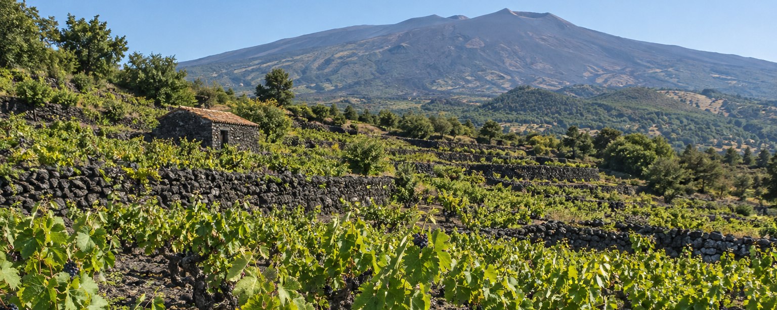 Illustration : des vignes basses poussant sur un sol de lave noire, en terrasses bordées de murets de pierres volcaniques, avec une petite bâtisse de pierre et un grand volcan à l'arrière-plan.