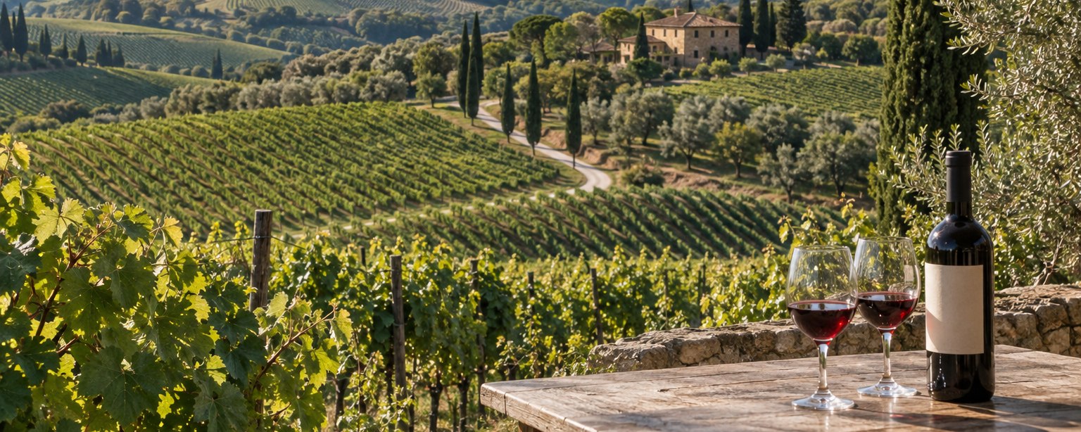 Illustration : une bouteille et deux verres de vin rouge sur une table de bois, devant les collines de Toscane plantées de vignes et d'oliviers, avec une ferme de pierre et des cyprès.