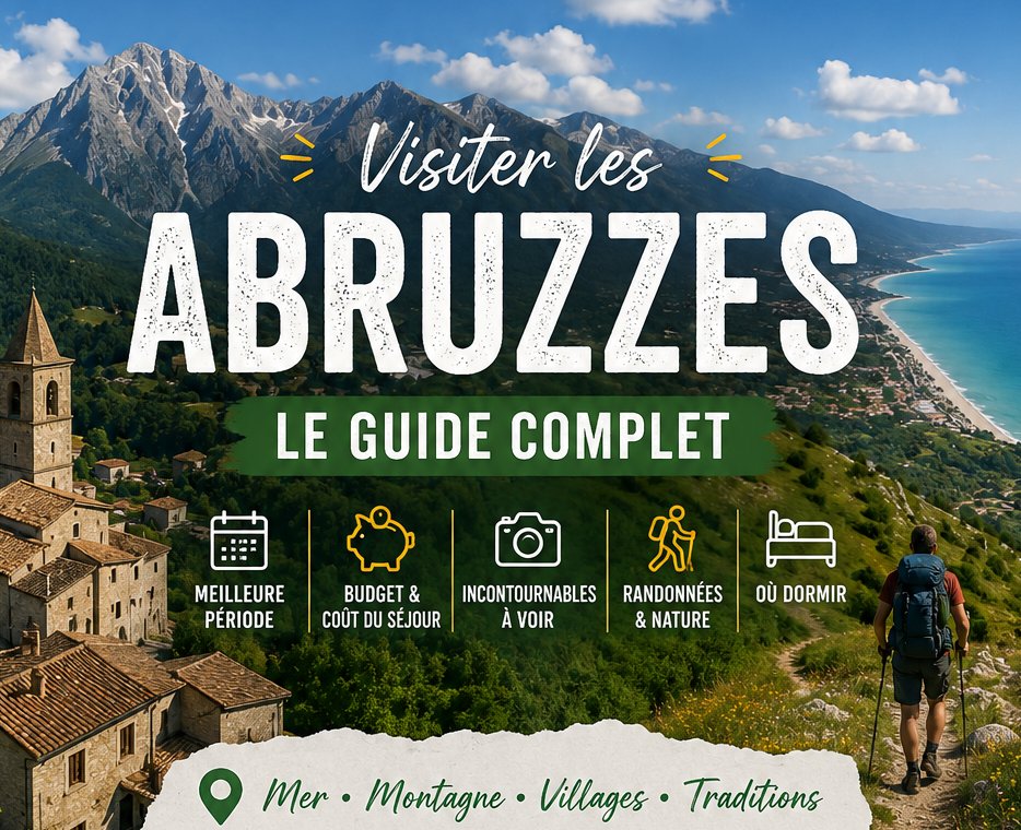 Illustration "Visiter les Abruzzes, le guide complet" : village de pierre, montagnes, mer Adriatique et randonneur, avec les rubriques meilleure période, budget, incontournables, randonnées et hébergement.